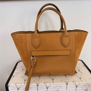 Longchamp Caramel Tan Leather Tote with Suede Panels